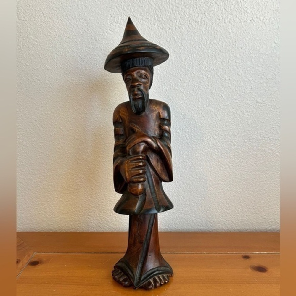 Vintage Wooden Hand Carved Asian‎ Man Figurine  13" Tall
